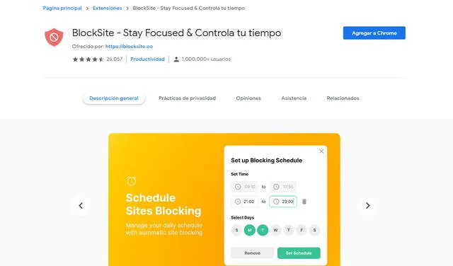 BlockSite tiene una alta valoración y millones de descargas. Foto: captura de Chrome Web Store