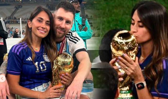 Messi le entrega la copa del mundo a Antonella Rocuzzo. Foto: Antonela Rocuzzo/Instagram/difusión