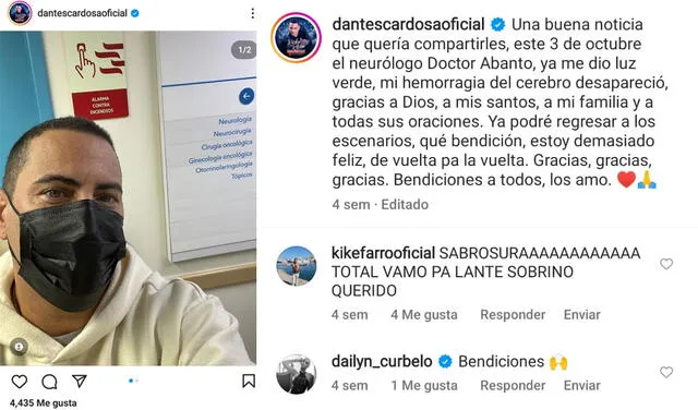 1.10.2022 | Dantes Cardosa anuncia su regreso a los escenarios. Foto: captura Dantes Cardosa/Instagram