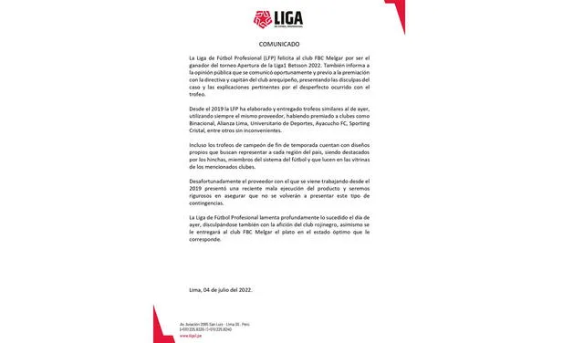 La Liga 1 se disculpó con FBC Melgar. Foto: captura de la Liga 1