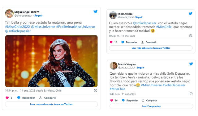 Usuarios decepcionados por el vestido que uso Sofia Depassier, Miss Universo Chile. Foto: captura Twitter