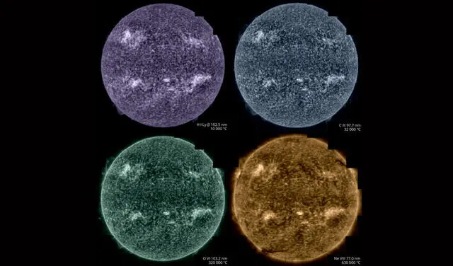 Imágenes espectrales que muestran distintas temperaturas en el Sol. Foto: ESA