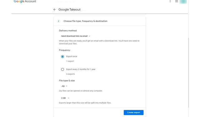 Google Takeout ofrece varias opciones para la descarga de los archivos. Foto: Tech Advisor