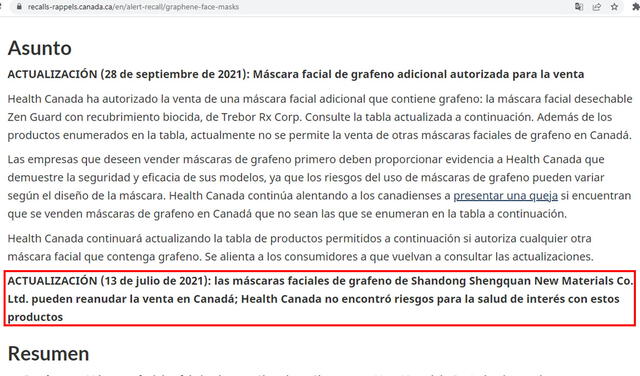 Actualización sobre las mascarillas con grafeno. Foto: captura en web / Health Canada.