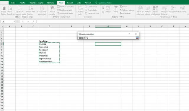 Pasos para crear una lista desplegable en Excel. Foto: captura