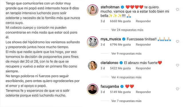 10.3.2022 | Publicación de Tini Stoessel sobre la salud de su padre. Foto: captura Tini Stoessel/Instagram