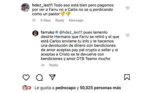 12.2.2022 | Publicación de Farruko respondiendo a la crítica de un seguidor. Foto: Farruko/Instagram