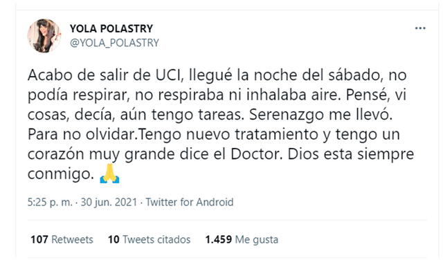 30.6.2021 | Tweet de Yola Polastry avisando de su alta médica. Foto: Yola Polastry / Twitter