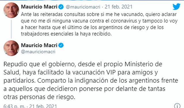 Mauricio Macri: “Repudio que el Gobierno haya facilitado la vacunación VIP”