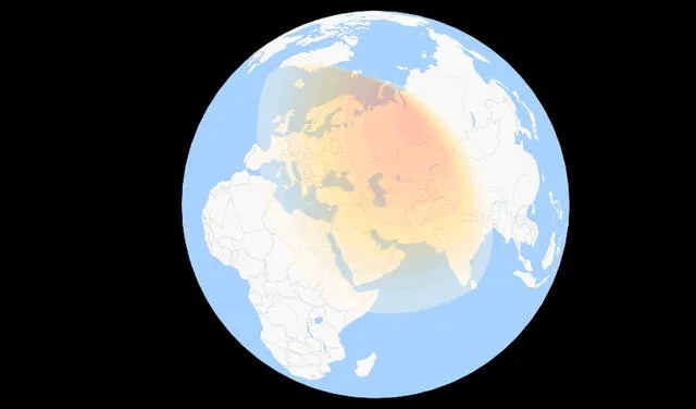 La zona más rojiza indica dónde se verá la mayor magnitud del eclipse solar parcial. Imagen: Time and Date