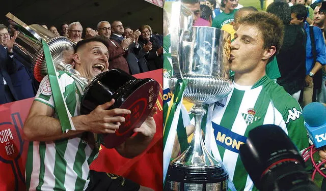 Joaquín con el trofeo de la Copa del Rey este año y en 2005. Foto: EFE/ABC