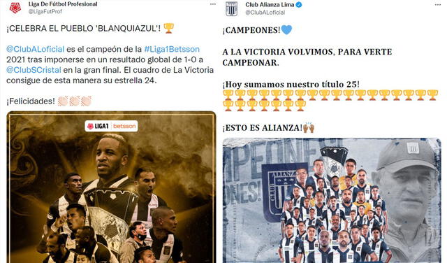 Para la Liga 1, es el título 24 de Alianza, pero los íntimos cuentan 25 trofeos. Foto: captura de Twitter