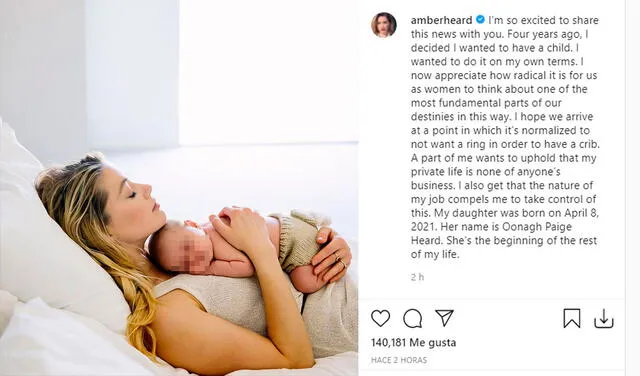 1.7.2021 | Post de Amber Heard presentando a su hija. Foto: captura  Amber Heard / Instagram