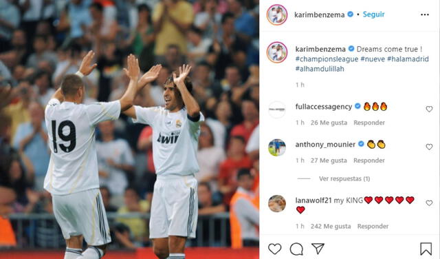 Karim Benzema compartió una fotografía junto a Raúl tras superarlo como el cuarto máximo goleador de la Champions. Foto: Instagram @karimbenzema