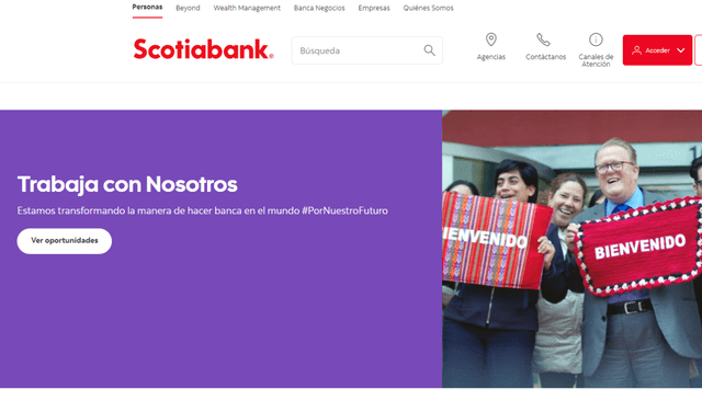 Scotiabank comparte las opciones de trabajo que ofrece a las personas a través de su página web