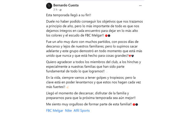 Cuesta agradeció el apoyo de hinchas. Foto: Bernardo Cuesta/ Facebook