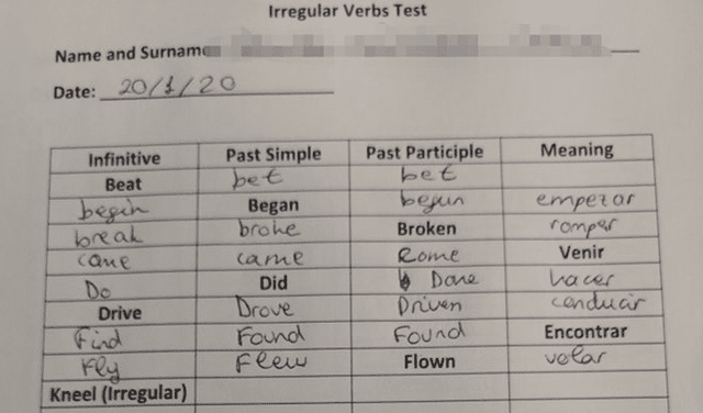 Peculiar respuesta de alumno en examen de inglés sobre verbos irregulares causa furor en redes