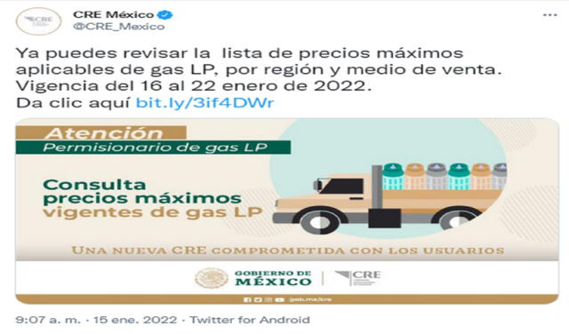 Por decisión del Gobierno federal, se regularizan los precios del gas LP en México. Foto: @CRE_Mexico/Twitter