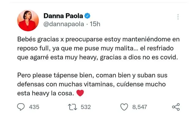 4.12.2021 | Tuit de Danna Paola negando tener COVID-19. Foto: captura Danna Paola/Twitter