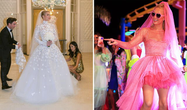Paris Hilton usó cuatro icónicos trajes durante su matrimonio, celebrado en tres días. Foto: composición/Jose Villa/Christopher Polk