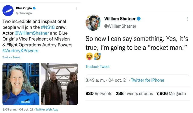 4.10.2021 | Tuit de Blue Origin y William Shatner confirmando su viaje al espacio. Foto: captura Blue Origin / William Shatner / Twitter