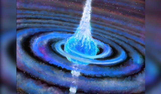 Representación de los chorros de energía que salen de la estrella después del colapso de su núcleo a causa del objeto invasor. Imagen: Chuck Carter
