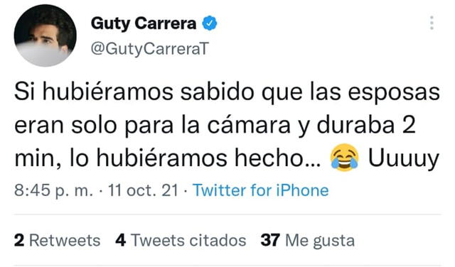 11.10.2021 | Tuit de Guty Carrera sobre el castigo que recibió en Inseparables, amor al límite.  Foto: captura Guty Carrera / Twitter