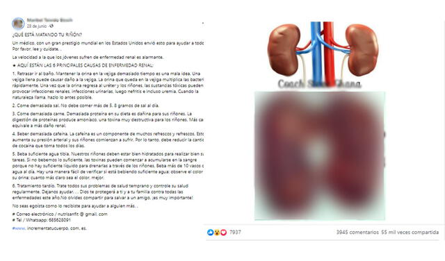 Viral “¿Que está matando a tu riñón?”. Foto: captura en Facebook.
