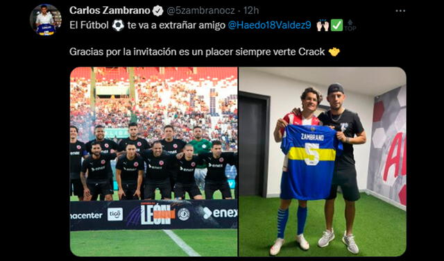 Este fue el mensaje de Zambrano a su amigo Haedo Valdez. Foto: captura/ Carlos Zambrano twitter