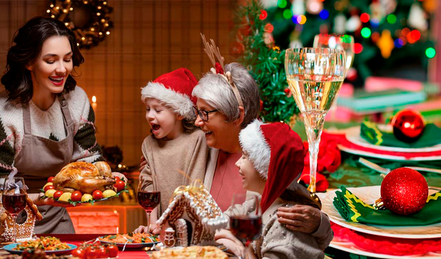 Navidad, cena y mesa navideña