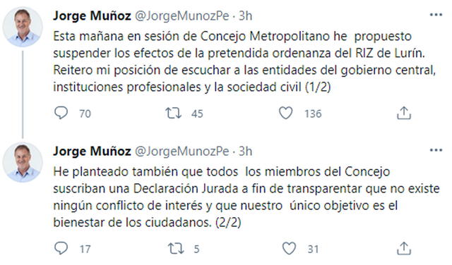 Pronunciamiento de Jorge Muñoz. Foto: Twitter