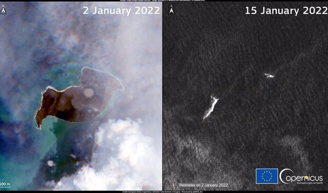 Imagen satelital de la isla del volcán Hunga Tonga antes y después de la erupción del 15 de enero. Fotos: DG Defis / Copernicus / Sentinel