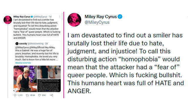 26.6.2021 | Primer tweet de Miley Cyrus lamentando la muerte del brasileño Gabriel Carvalho García. Foto: Miley Cyrus / Twitter