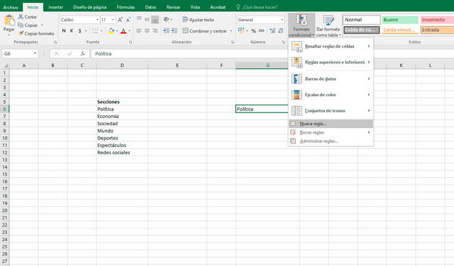 Pasos para crear una lista desplegable con colores en Excel. Foto: captura