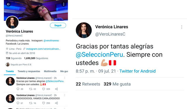 9.7.2021 | Tweet de Verónica Linares  tras resultados de Perú- Colombia en la Copa América 2021. Foto: captura Verónica Linares  / Twitter