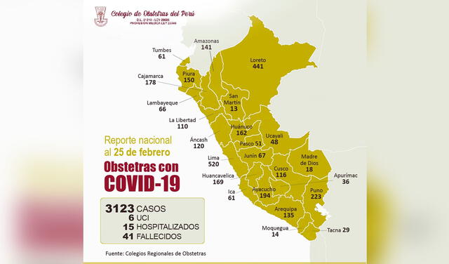 Mapa de infectados y muertes. Foto: Colegio de Obstetras del Perú