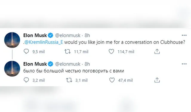 Tuit de Elon Musk dirigido a Vladímir Putin. Foto: captura Twitter