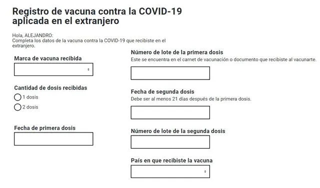 Datos requeridos para el registro de vacuna contra la COVID-19 en el extranjero