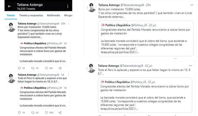 22.7.2021 | Tuit de Tatiana Astengo solicitando la renuncia del bono de instalación. Foto: captura Tatiana Astengo / Twitter