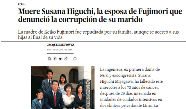 Captura de El País de España sobre el fallecimiento de Susana Higuchi.