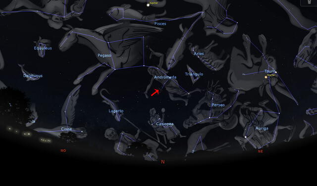 Ubicación de Andrómeda en cielo peruano a las 2.00 a. m. a inicios de setiembre. Imagen: Stellarium / La República