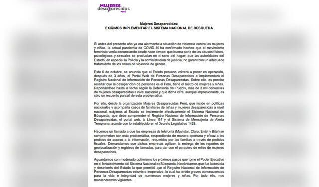 Comunicado de Mujeres Desaparecidas.