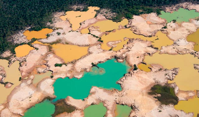 Los efectos de la Minería ilegal fotografiada desde el aire. Foto: AFP