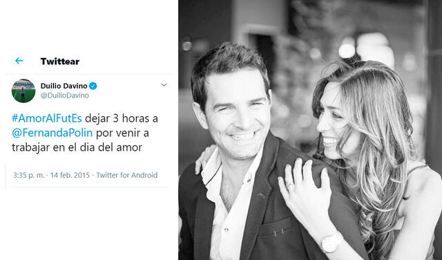 14.2.2015 | Tweet de Duilio Davino dedicado a su esposa Fernanda Polín. Crédito: captura Twitter