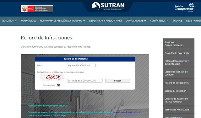 Plataforma de Sutrán para la consulta del récord de infracciones. Foto: captura de Sutran