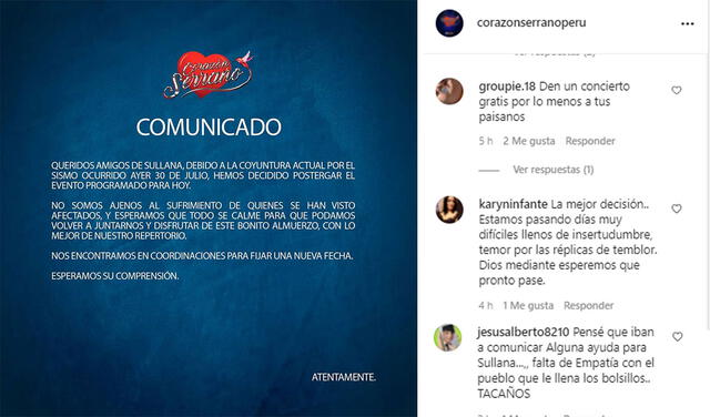 31.7.2021 | Comunicado de Corazón Serrano. Foto: captura Corazón Serrano / Instagram
