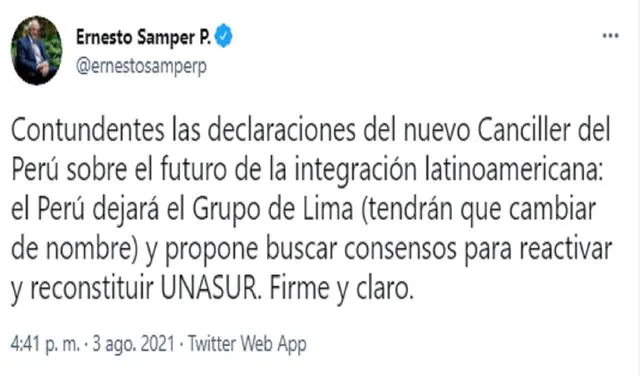 El mensaje del expresidente de Colombia sobre Perú. Foto: @ernestosamperp/Twitter