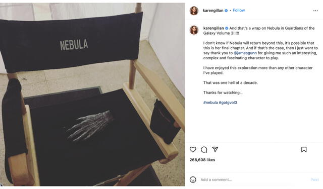 Karen Gillan se despide Nébula en foto desde el set de rodaje de "Pasión de gavilanes 3". Foto: Instagram/@karengillan
