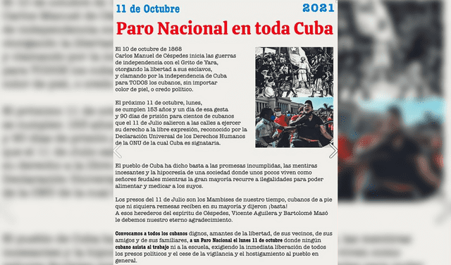 Comunicado del paro cubano convocado para el 11 de octubre. Foto: Twitter/Iliana Hernández