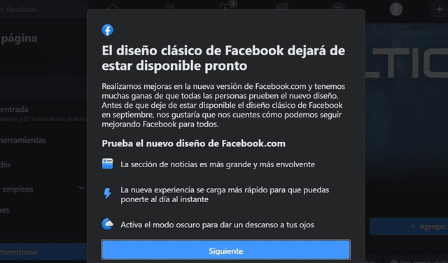 Notificación del nuevo diseño de Facebook. | Foto: Portaltic / Europa Press